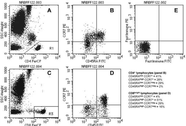 FIG. 2. T-lymphocyte maturation phenotypes. (A) CD4�lower right, terminally differentiated effector memory expressing CD45RA (CD45RAchannel (CD4 PerCP)
