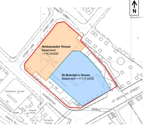 Fig. 1. Site boundaries, existing adjacent buildings and existing basement levels.