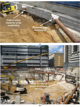 Fig. 5. (a) Prop-wall connection details, and (b) Propping system on 21 July 2008 in the north-east corner.