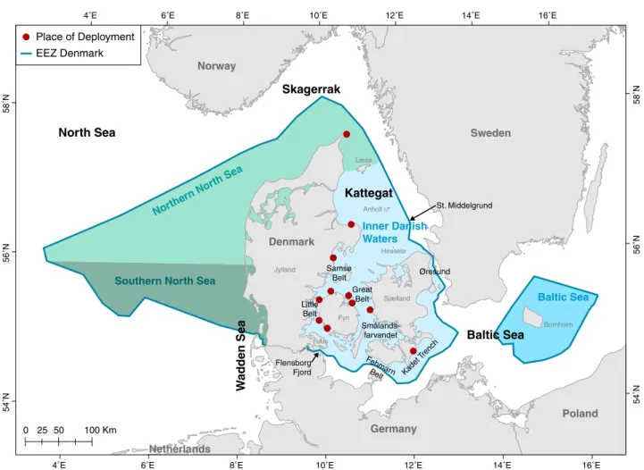 Figure 1. Map of the study area with names mentioned in the text indicated. The locations of the pound nets where the harbour  porpoises were caught and tagged are indicated with a red dot