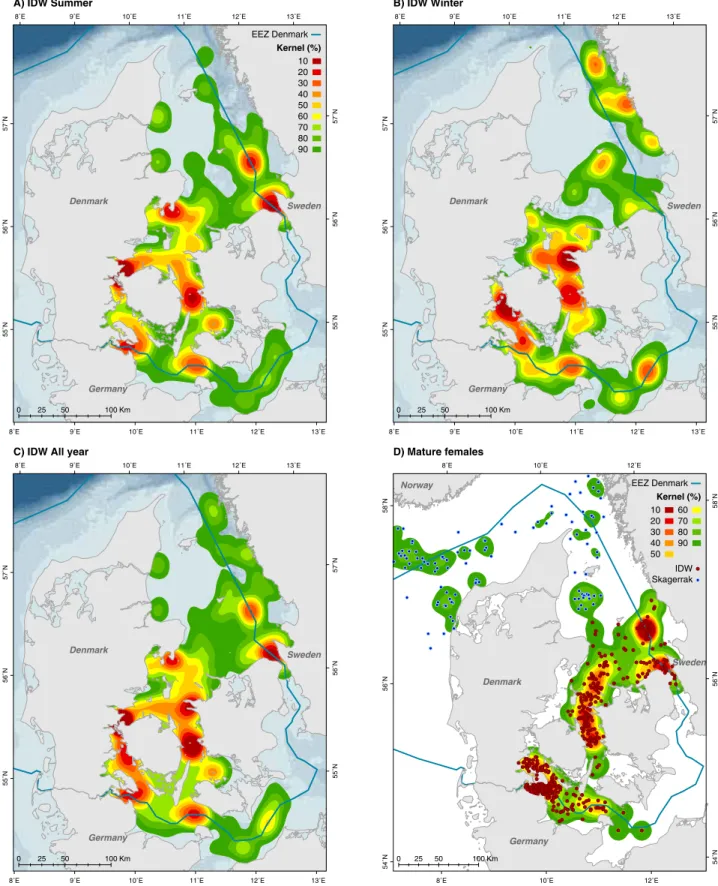 Figure 3. Kernel density estimation in 10% intervals based on 37 harbour porpoises tagged in the Inner Danish Waters area  between 1997-2007 (the lower percent the higher density)