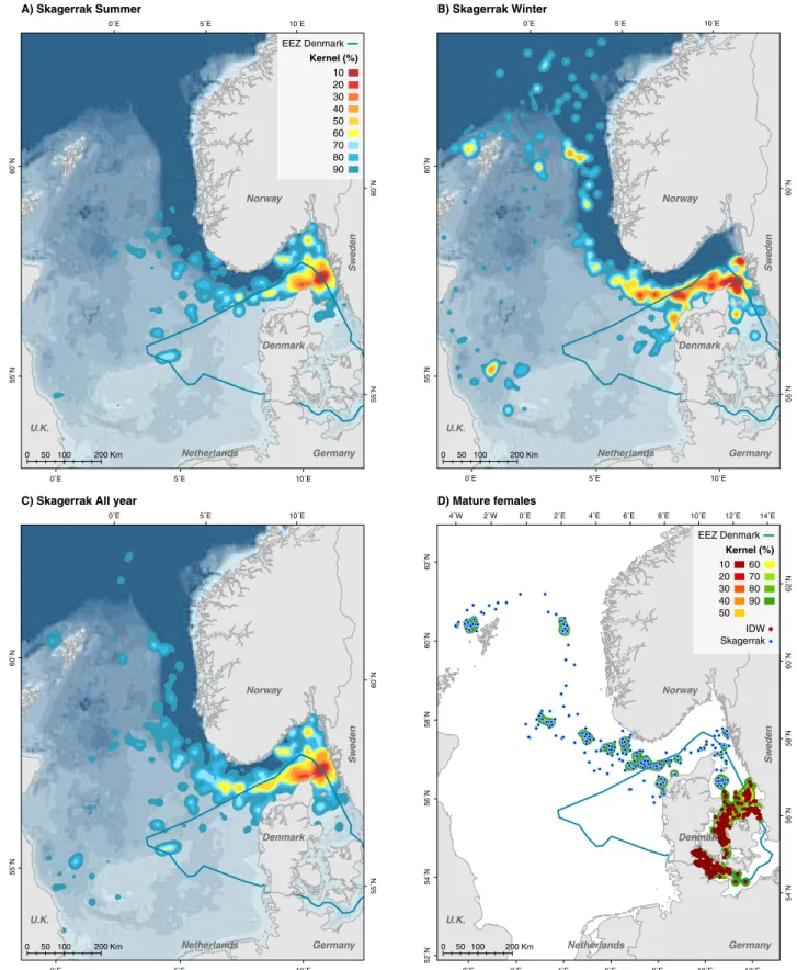Figure 10. Kernel density estimation in 10% intervals based on 26 harbour porpoises tagged in Skagen (the lower percent the  higher density)