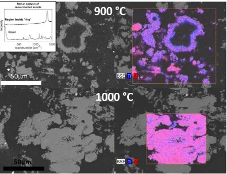 Fig. 7 � BSE SEM images and EDX maps of TAC2 samples synthesised at 900 °C (top) and 1000 °C (bottom)