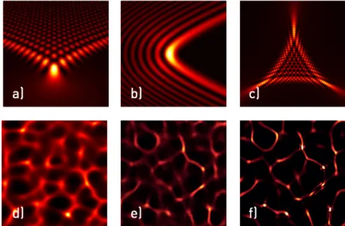 Figure 1. a)-c):Transverse optical caustics. a) Pearcey caustic b) swallowtail caustic, c) elliptic  umbilic caustic, d)-e) Propagation of Gaussian random phase fields results in caustic networks of  different sharpness
