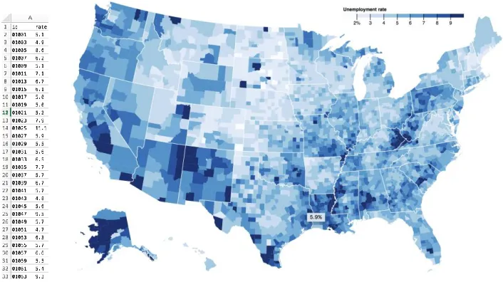 Figure 9 Employment rate in Excel (Left) and a Choropleth Map (Right) 