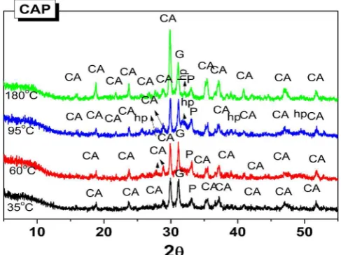 Fig. 8. XRD di0134); P: perovskite CaTiO35-0755) hp.: Hydroxylapatite Caﬀractograms for CAP cements cured at diﬀerent temperatures for28 days in an open system., CA: Monocalcium aluminate CaAl2O4 (PDF 70-3 (PDF 75-2100); G: gehlenite Ca2Al(AlSiO7) (PDF5(PO4)3(OH) (PDF 01-074-9769).