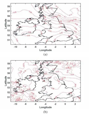 Figure 12. Contour map of 0.01% exceeded rain rates (over 5 mins) diﬀerence between values calculatedfrom measured data and ITU-R P 837-7 model estimates.