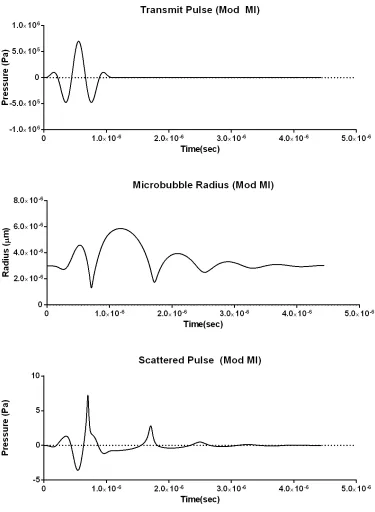 Figure 1.8: Simulated microbubble response to moderate incident pressure. The microbub-ble’s radius responds asymmetrically, resulting in a wide range of harmonic and subharmoniccomponents in the scattered echo