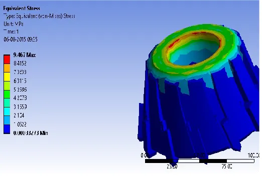 Figure shows the variation of strain intensity for the tool ,maximum of 6.76e-5mm/mm was observed at the top face, this is very less magnitude and thus the tool will be able to withstand more deformation 