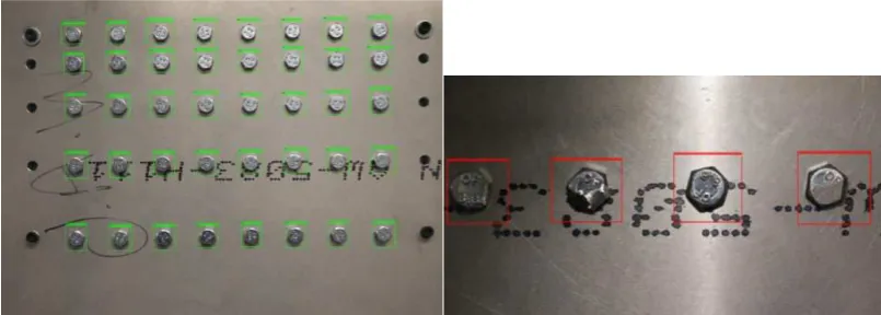 Figure 2: A selection of image from new dataset: green bounding boxes indicate undamaged bolts whilst red indicate  damage
