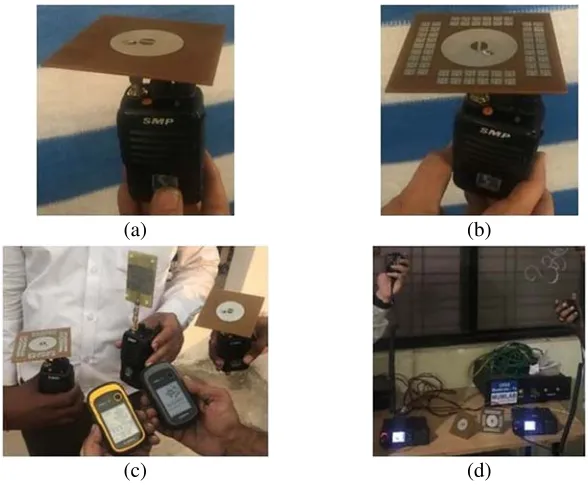 Figure 7.(a) CMSA without EBG connected to transceiver.transceiver. (c) Setup of open-air test measurement with both CMSA for range and location tracking.(b) CMSA with EBG connected to(d) Setup for indoor measurement.