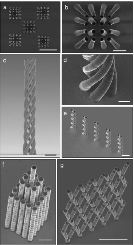 Figure 2.  Complex metal structures and structure arrays fabricated with 3D metal microprinting