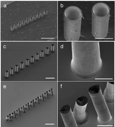 Figure 4.  Parallel process 3D microprinting of metal structures. a) SEM image showing the  microfabricated nozzle array for the parallel process microprinting