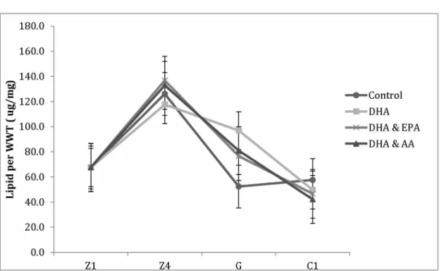 Figure 2.1.  Average (±  SE) lipid per WWT (^g/mg) for crabs fed enriched diets  (Z1  and Z4 n=30,  G n =  12,  C1  n = 36.)