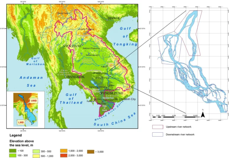 Figure 1.1-1: The Mekong River Basin and the Siphandone river network; LMB – Lower Mekong Basin and UMB – Upper Mekong Basin 