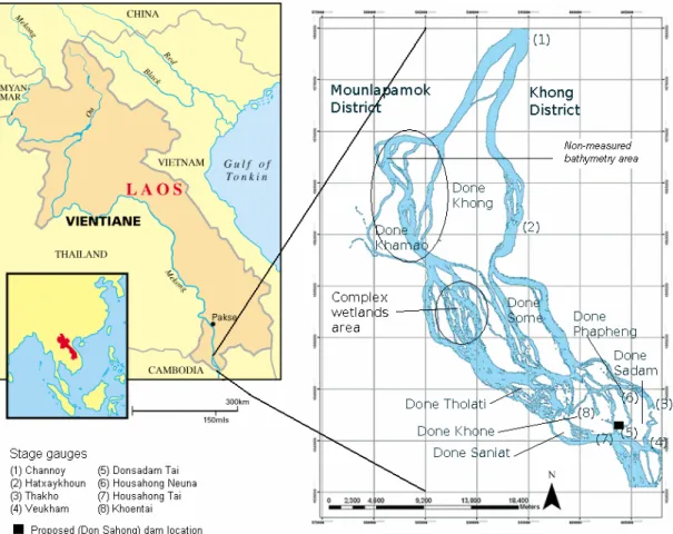 Figure 3.2-1: The Pakse gauging station and the Siphandone wetlands and locations of the stage  gauges 