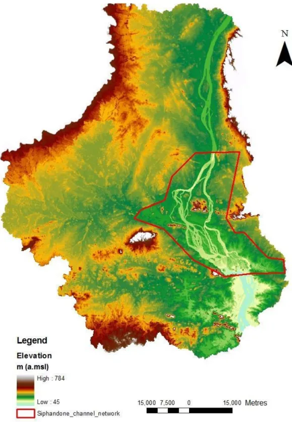 Figure 3.3-1: Watershed surrounding the Siphandone wetlands and the river network