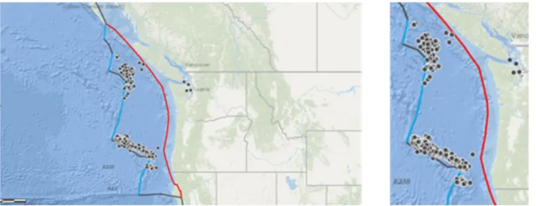 Figure 2. Left (black lines) superimposed with earthquakes M > 4 (points) between 2005 and 2010;Figure 2.Left: The Cascadia basin showing subduction (red line) and a collection of transform faults (black lines) superimposed with earthquakes M > 4 (points) 