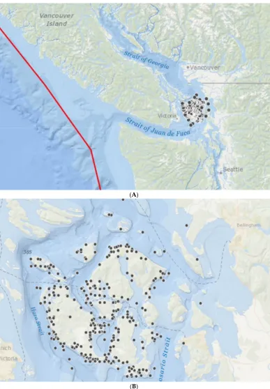 Figure 3.Figure 3. The black dots show the location of marine mammal stranding or mortality events collected by the San Juan County Marine Mammal Stranding Network.between 2005 and 2010