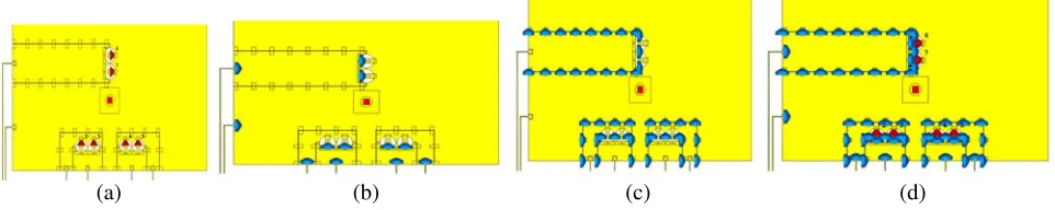 Figure 6. The position of (a) diodes in the EBG cells, and the lumped elements of (b) inductor and (c)capacitor in the EBG cells biasing network at the bottom substrate layer