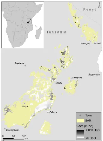 Fig. 1. Spatial variation in the costs of conserving forest and woodland in the Eastern Arc Mountains, summed for management, damage and opportunity costs(net present value, r ¼ 15%)