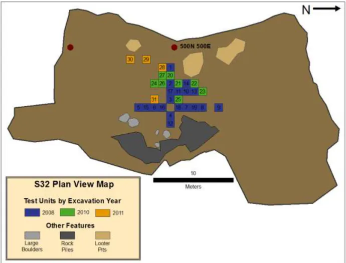 Figure 4: Site map, Sachsen Cave Shelter, showing all years of excavation. Map produced by  Lucinda Langston.