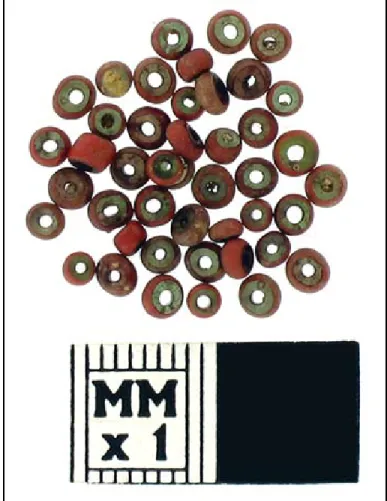 Figure 2.  Polychrome beads (opaque red on translu- translu-cent green) from the brick-lined cellar.