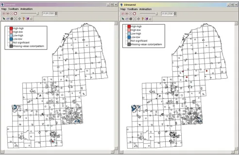 Figure 6Local Moran analysis at two spatial scalesLocal Moran analysis at two spatial scales Local Moran analysis with five nearest neighbours is on the left, and with ten nearest neighbours is on the right