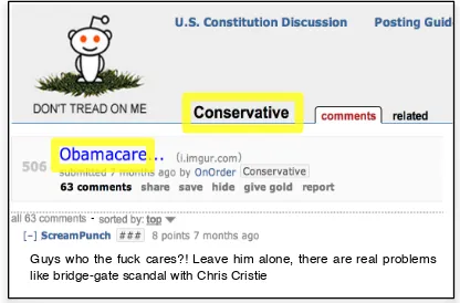 Figure 1: A reddit comment illustrating contextualizing fea-tures that we propose leveraging to improve classiﬁcation.Here the highlighted entities (external the comment text it-self) provide contextual signals indicating that the showncomment was intended ironically.As we shall see, Oba-macare is in general a strong indicator of irony when presentin posts to the conservative subreddit, but less so in posts tothe progressive subreddit.