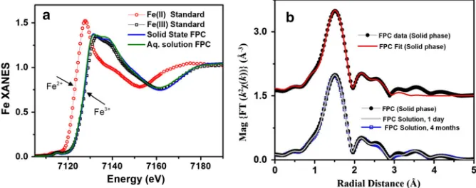 Fig. 3 Fourier-transformed EXAFS spectra for ferric citrate and ferric pyrophosphate. Data, ﬁt, and contributions of different signalsfor the magnitude of Fourier-transformed EXAFS spectra for a ferric citrate complex and b ferric pyrophosphate