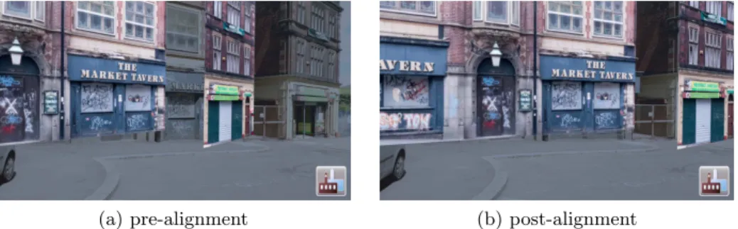 Figure 8 shows the alignment process in progress. For the building on the right in Figure 8a, both the virtual landmark building and its real counterpart are visible
