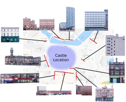 Fig. 4. The various landmark buildings and their locations. Map data c 2018 Google.