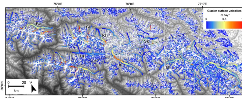 Figure 5. Compiled surface velocities mosaic of the Karakoram. Priority has been given to the highest resolution and best coverage