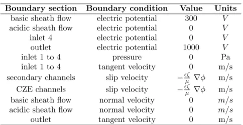 Table 3: Boundary conditions for the electric field and fluid flow problems.