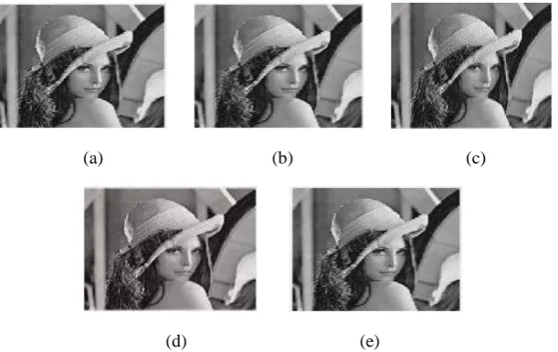 Fig : 4 (a)- input image(cover image) , (b)-encoded image(stegno image), (c)- image share1, (d)-image share 2, (e)-image of combined image shares 