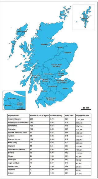 Figure 1. The 17 Combo regions of Scotland, with summary data.