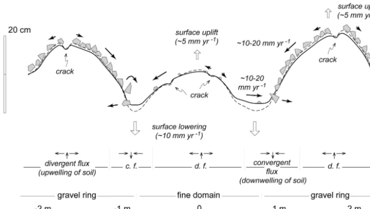 Figure 3. Generalized surface cross section and ﬁndings regarding changes over 2007–2010 on the stone circles of this study