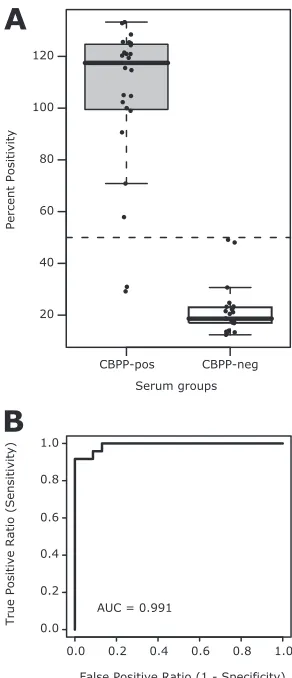 FIG. 6. Proof-of-concept antigen cocktail ELISA. (A) Twenty-fourCBPP-positive (gray) and 23 CBPP-negative (white) bovine sera were