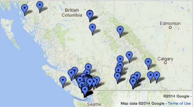 Figure	  2:	  General	  location	  of	  microbreweries	  in	  BC	  –	  July	  2014	   	  