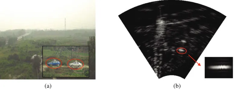 Figure 4. Experiment scenario and echo: (a) Optical scenario. (b) Echo after range compression.