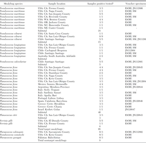 Table 1. Mealybug collections used to assess the multiplex PCR with listings of mealybug species, location of the sampled population (Country, State or Region/Province, County or City), the species-specific results of the PCR band, the number of sites samp