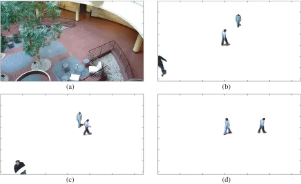 Figure 6. Moving object detection results comparison. (a) Optical ﬂow result of frame 1275
