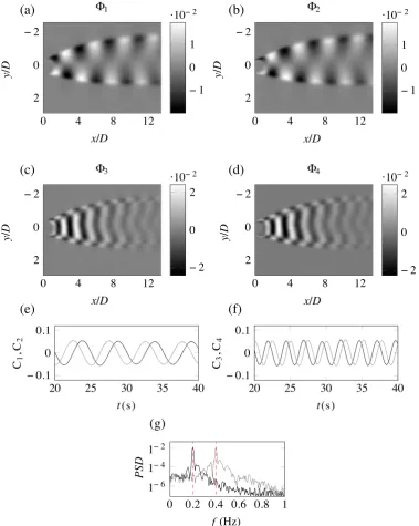 Figure 1POD results of ﬂow visualizations of a shallow cylinder wake. (a–d) The spatial modes �1−4