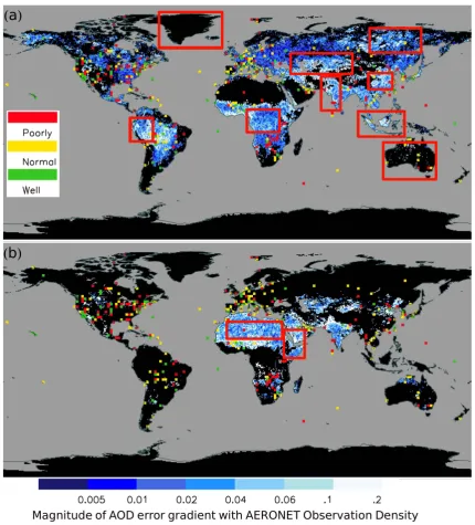 Fig. 5. The spatial distribution of the gradient of AOD differences (was computed by subtracting MODIS DT/MODIS DB (0.55 µm) AOD from MISR AOD (0.558 µm)