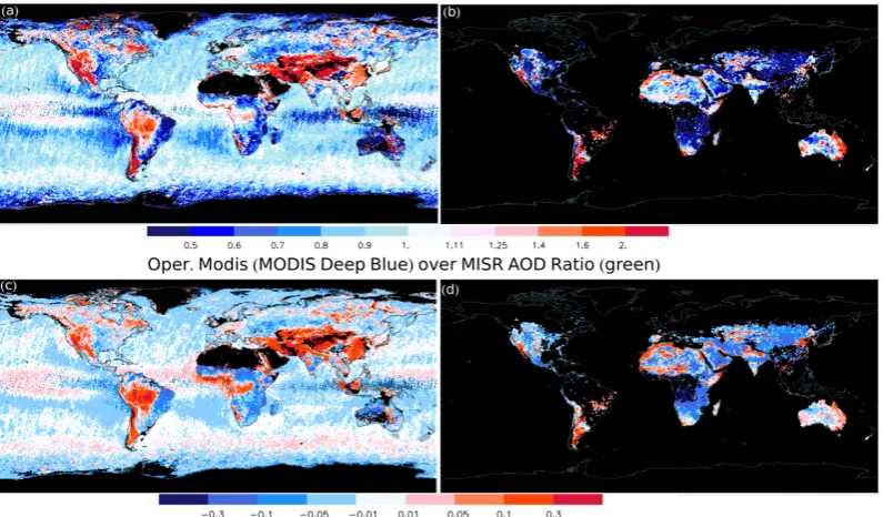 Fig. 3. (a) The ratio of operational MODIS DT over MISR AOD in green channel for year 2005–2007