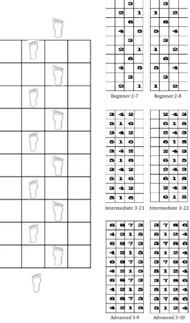 Figure 1: Depicted is an graphic of the Square-stepping exercise program, with examples of beginner, intermediate and advanced stepping patterns