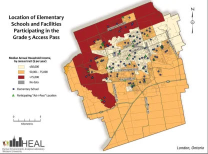 Figure 3.1 Location of elementary schools and facilities participating in the ACT-i-Pass Program from Gilliland et al