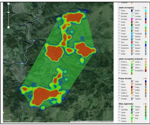 Figure 3: Animal movement heat map and home range polygon – solution in GoogleMaps.