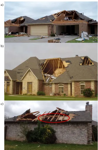 Figure 1-4: Hip roof failures in Moore, OK following the EF5 Tornado of May 21, 2013. a) Framing failure of similar, neighboring hip roofs b) Framing failure of steep, stick-frame hip roof c) Hip roof displaying material failure of the wood framing members