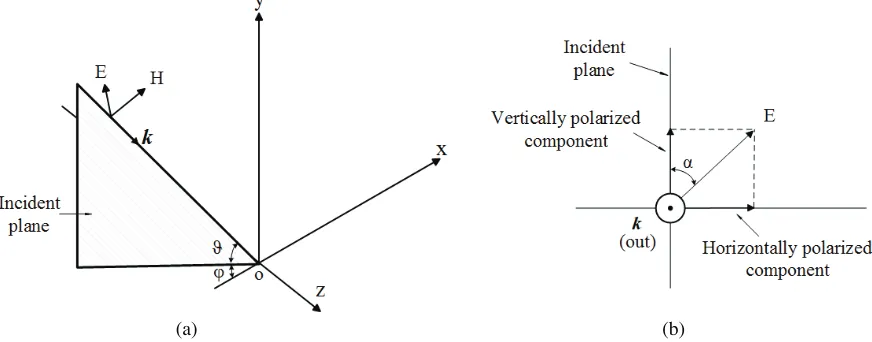 Figure 2. Sketch map of plane wave radiation. (a) Wave vector; (b) Polarization.